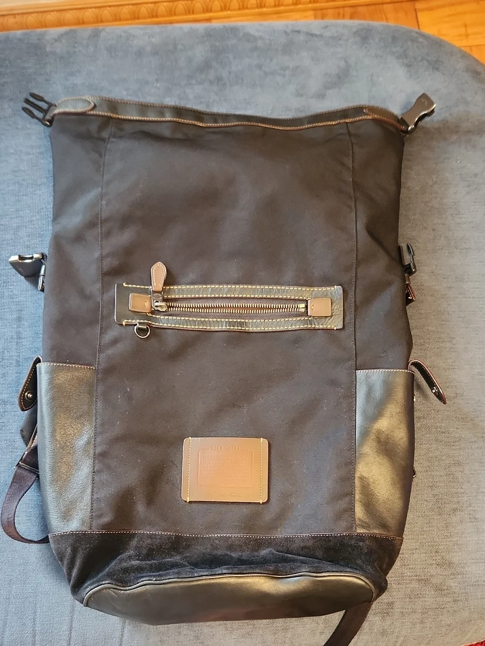 Coach Academy Travel Black Corduraa Canvas Rolltop Backpack with Leather Trim